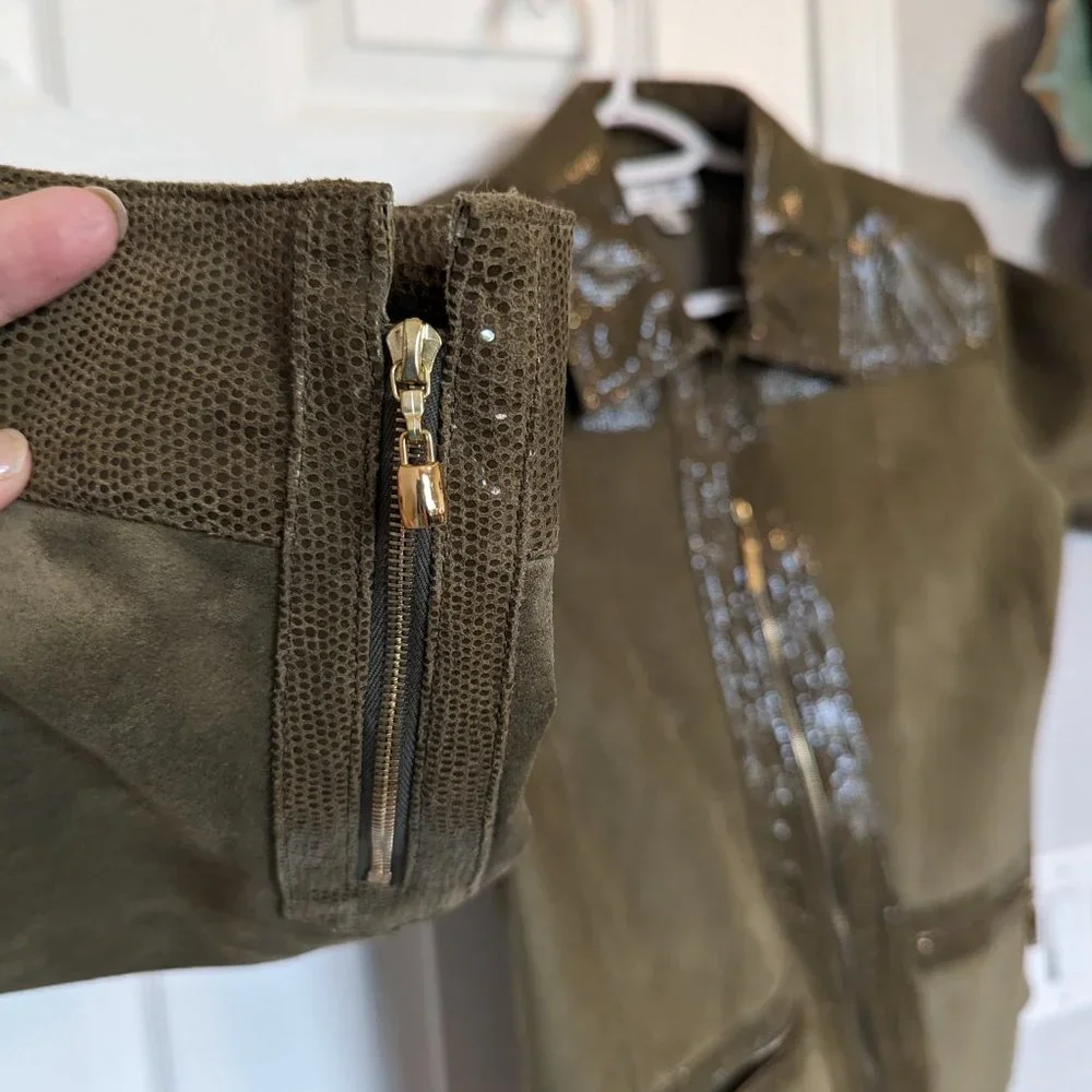 St. John |  Olive |  REAL Leather - Snake & Suede Jacket!! | M | EUC | Rich Mom - Picture 5 of 11